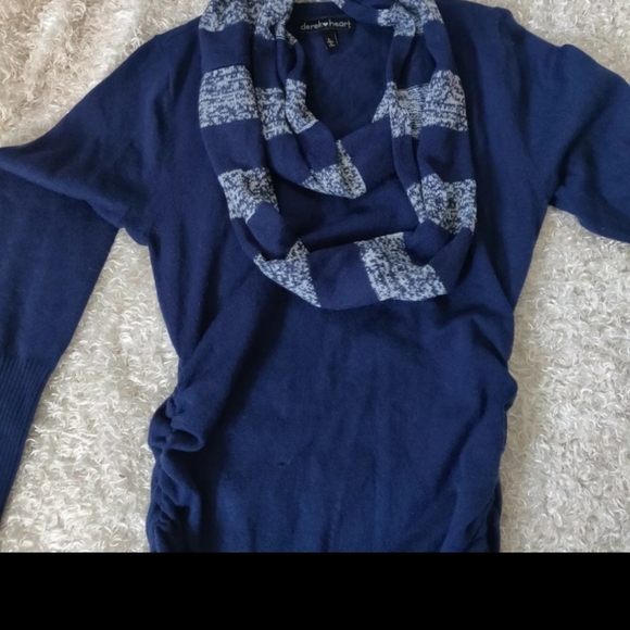 Women's Derek Heart Navy Blue Sweater with Patterned Infinity Scarf And Shirring - Picture 8 of 9